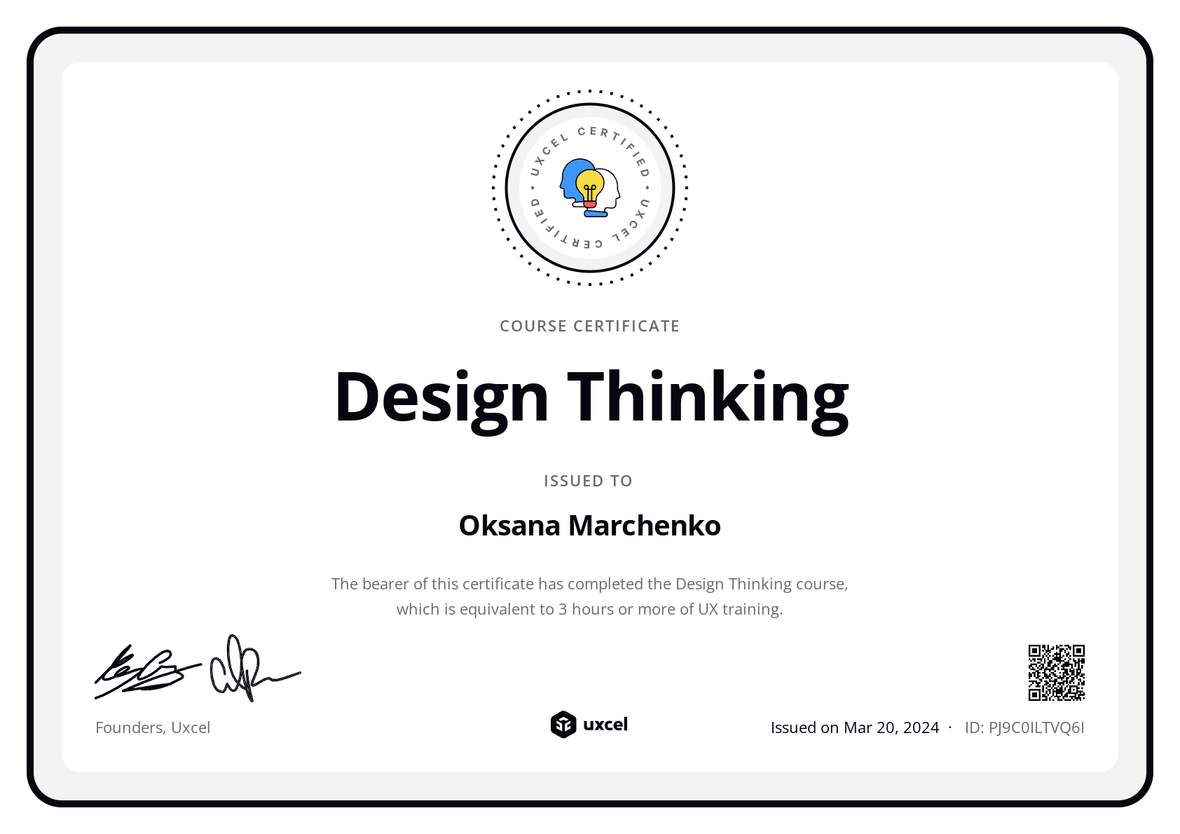 Oksana Marchenko's certificate